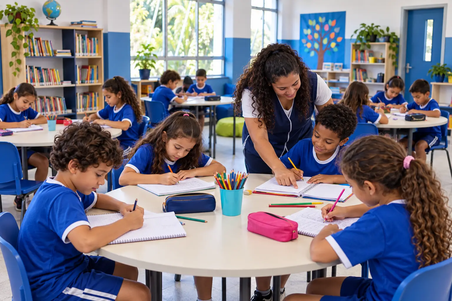 Alunos do integral fazendo as tarefas com a ajuda de uma monitora