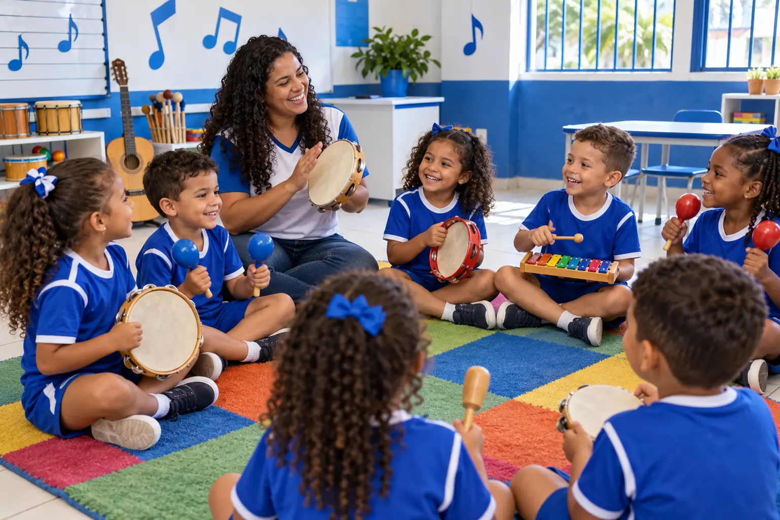 Crianças com a farda azul do São Miguel tocando instrumentos na aula de musicalização