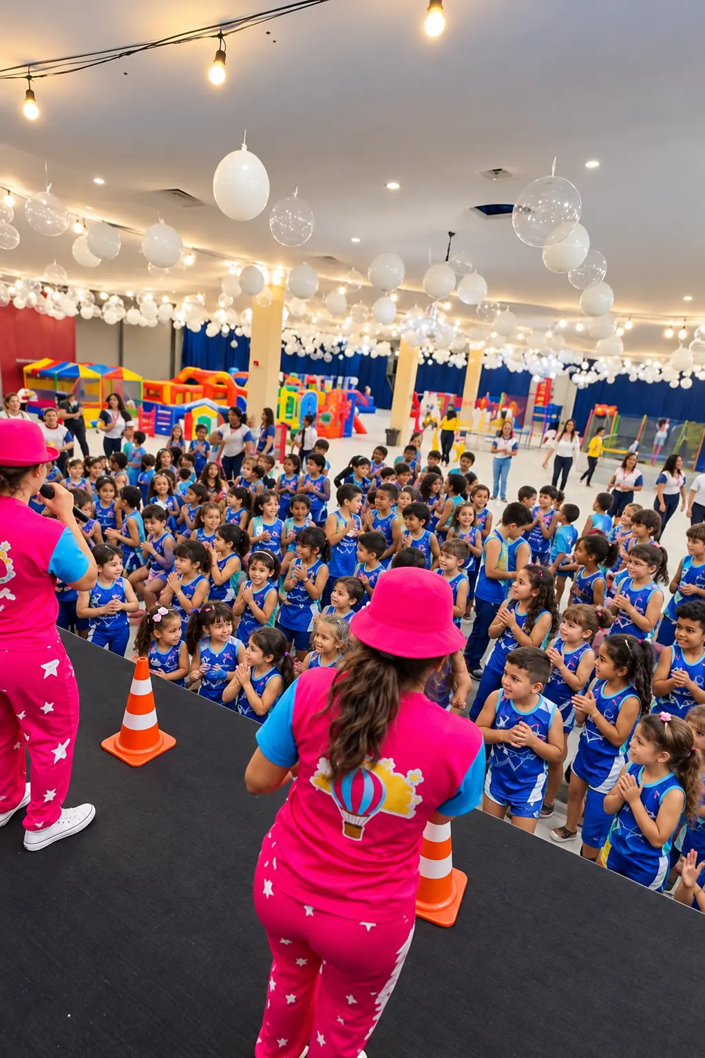 Alunos do São Miguel de farda azul em festa no salão, com recreadora no palco